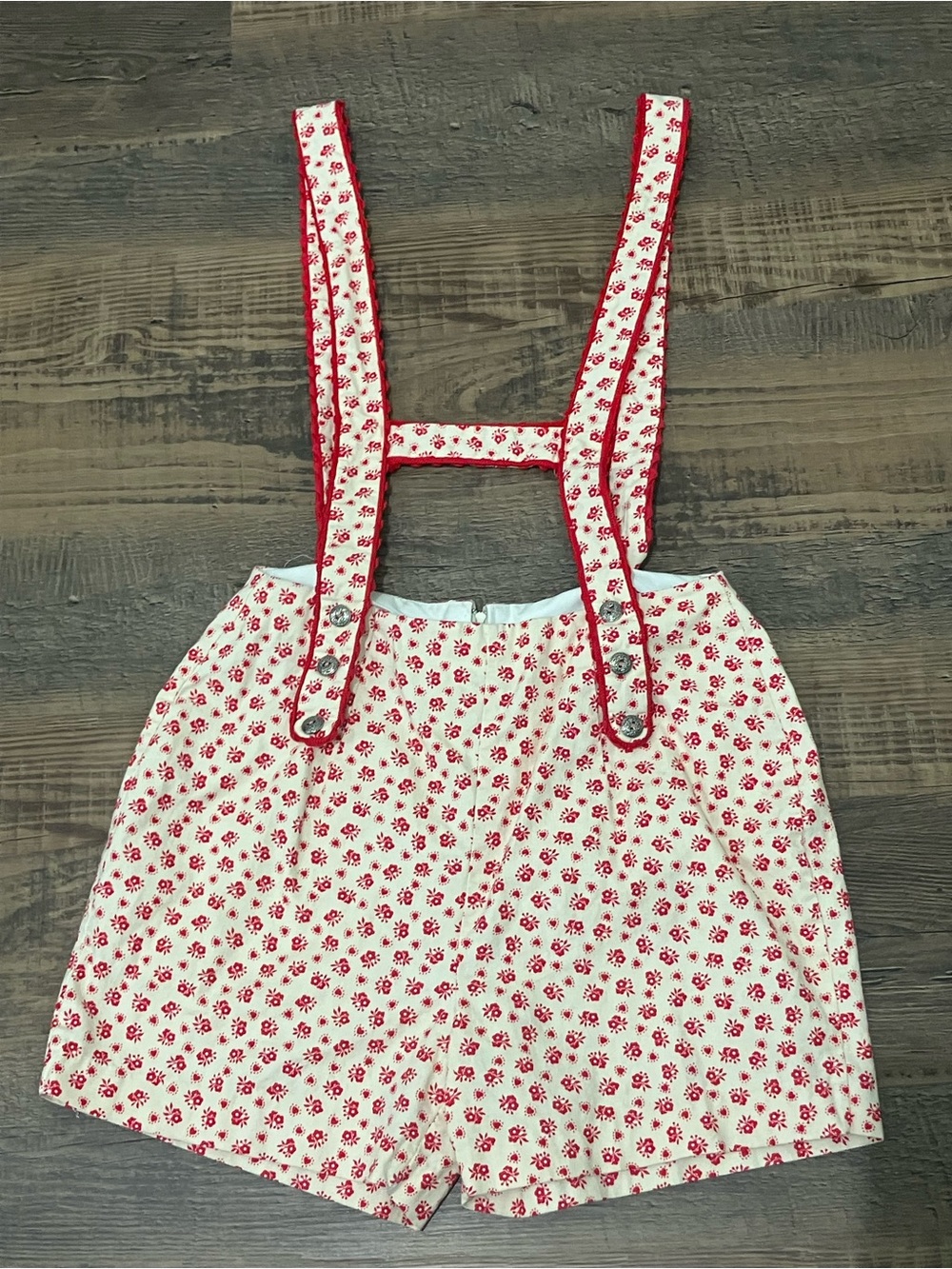 Vintage Handmade Lederhosen Style Women's Red Floral Fabric Suspender Shorts